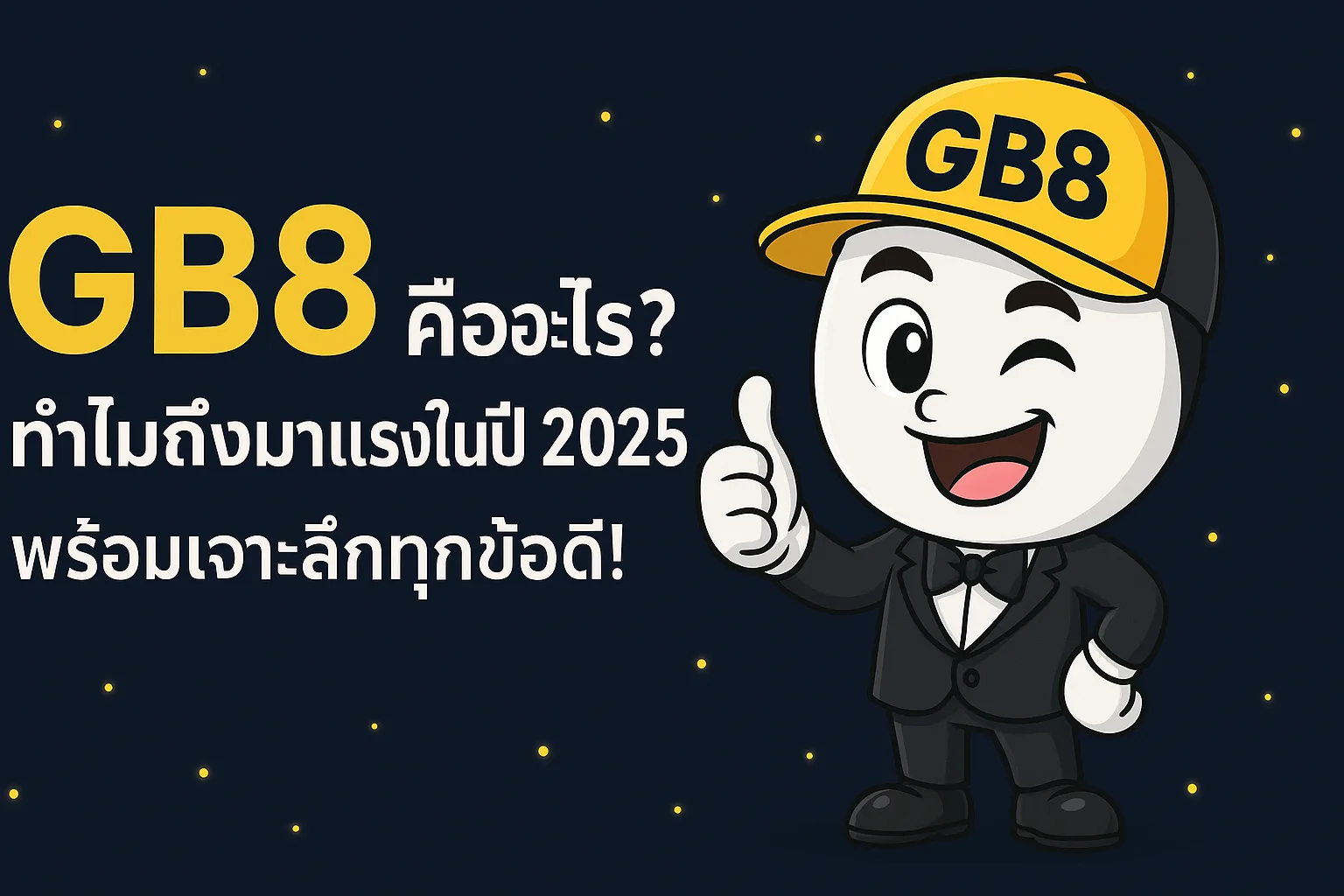 แบนเนอร์บทความ GB8 คืออะไร ทำไมถึงมาแรงในปี 2025 พร้อมเจาะลึกทุกข้อดี มีตัวการ์ตูนใส่หมวกสีเหลือง GB8 ยิ้มและยกนิ้วโป้ง